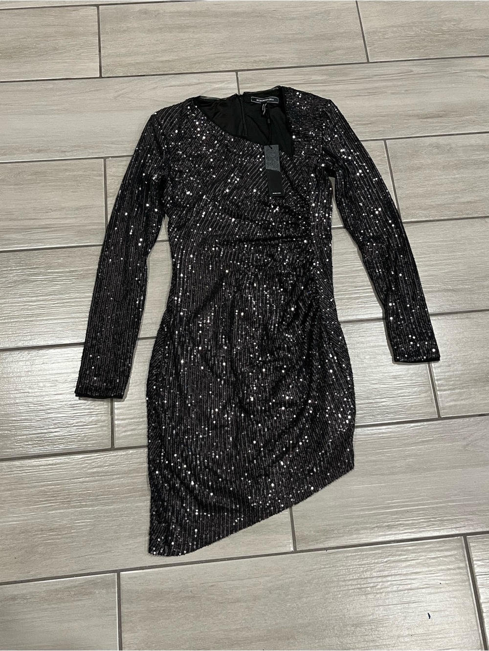 Bcbg Maxazria Women's Black Sequin Long-Sleeve Asymmetric Dress